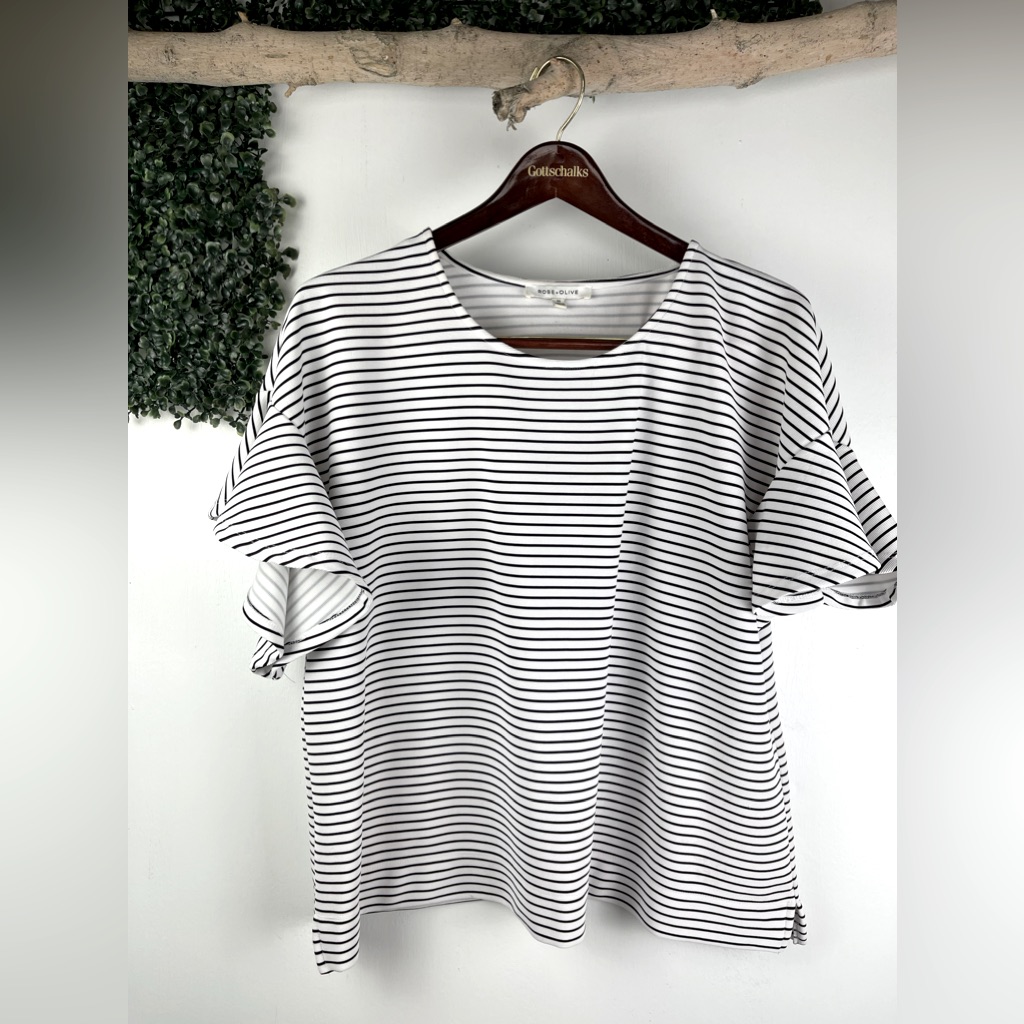 Rose + Olive || Tripped Ruffle Flare Blouse Top